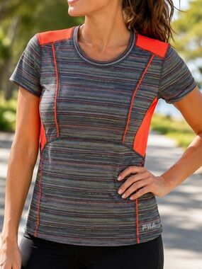 Fila Sport Running Top Women’s Large Neon Orange Gray Striped Athletic Tee